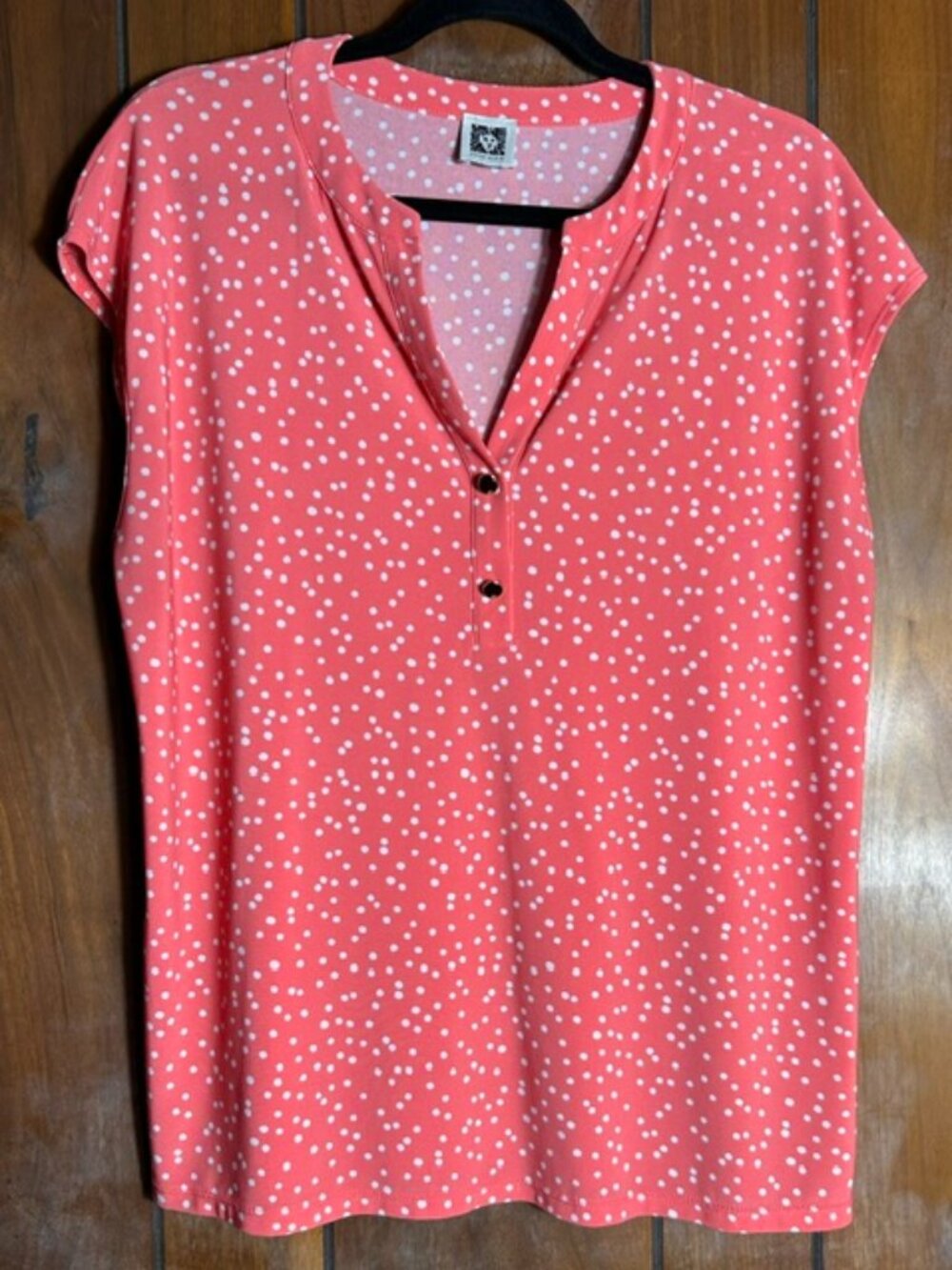Anne Klein Sleeveless Blouse Womens Sz Large Coral Polka Dot Split V-Neck